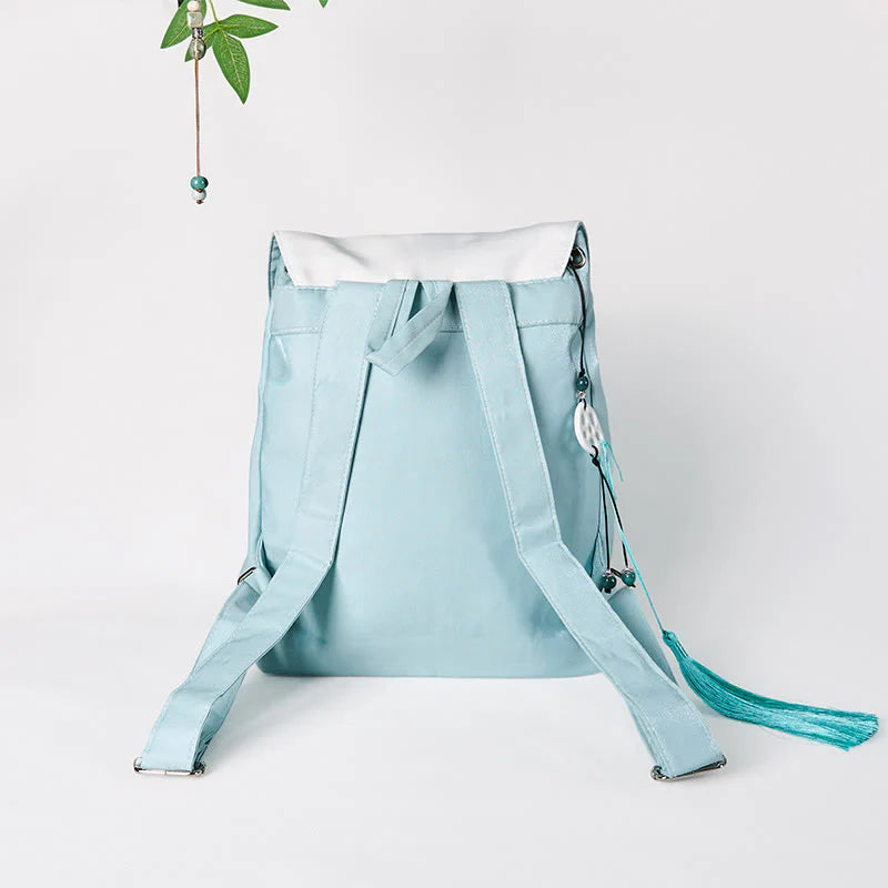 Buddha Stones Handmade Blue Lotus Embroidered Large Capacity Canvas Backpack