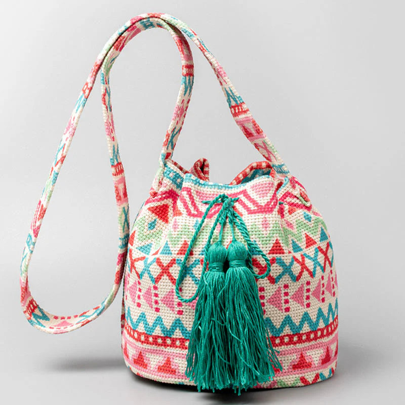 Buddha Stones Colorful Geometry Flowers Print Canvas Bucket Crossbody Bag Shoulder Bag