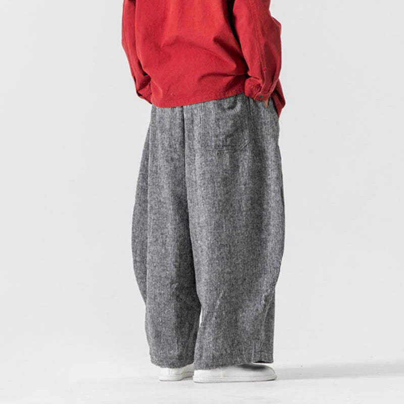 Buddha Stones Daily Solid Color Drawstring Design Men's Wide Leg Cotton Pants With Pockets