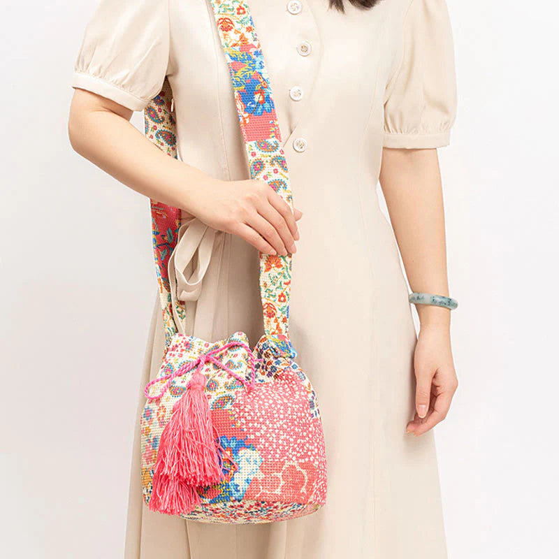 Buddha Stones Colorful Geometry Flowers Print Canvas Bucket Crossbody Bag Shoulder Bag