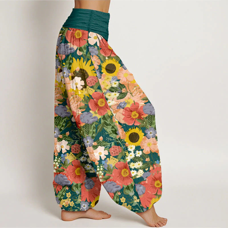 Buddha Stones Pure Cotton Colorful Sunflower Daisy Small Red Purple Flowers Pattern Women's Elastic Waist Harem Pants