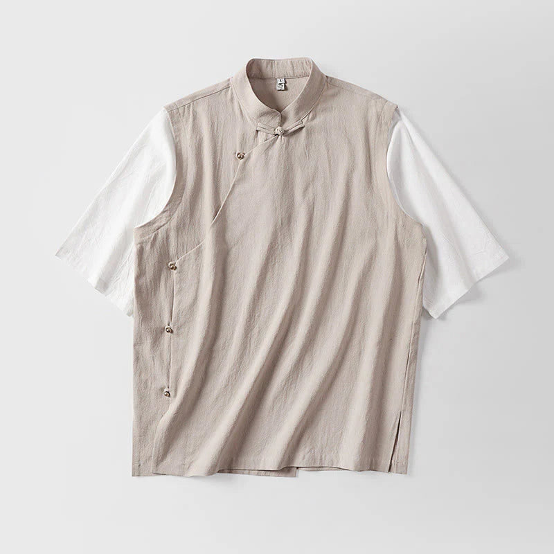 Buddha Stones Summer 2 In 1 Stripes Stand Collar Short Sleeve Frog-Button Men's Cotton Shirt