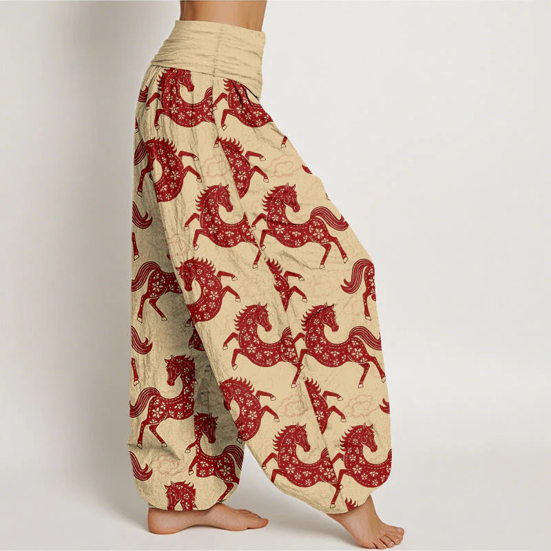 Buddha Stones Cotton Gorgeous Horse Cloud Pattern Women's Elastic Waist Harem Pants