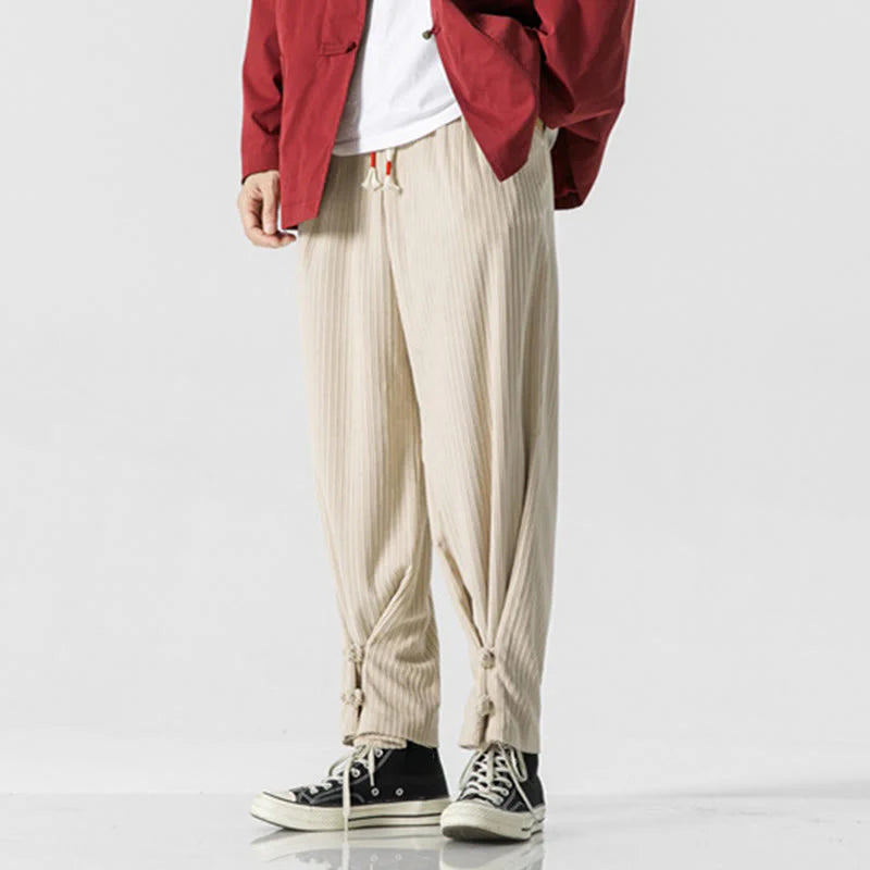 Buddha Stones Fall Winter Men's Pure Color Button Design Cotton Straight Leg Pants With Pockets