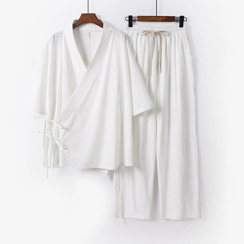 Buddha Stones 2Pcs Fall Lace-up Three Quarter Sleeve Cotton Kimono Drawstring Pants With Pockets Men's Meditation Cloth Set