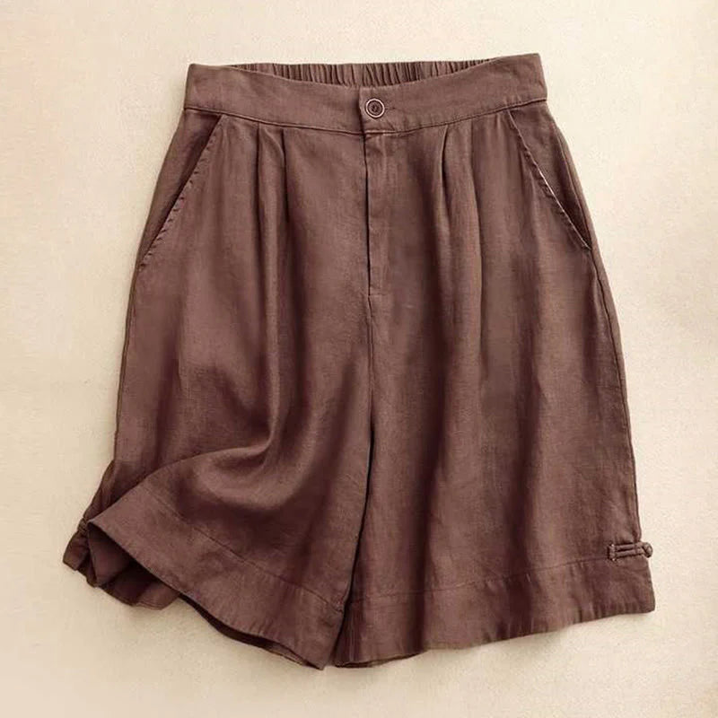 Buddha Stones Summer Casual Solid Color Zipper Button Acrylic Fiber Frog Button Women's Shorts With Pockets