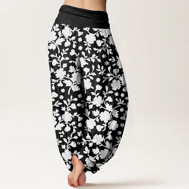 Buddha Stones Pure Cotton White Flowers Leaves Stars Pattern Women's Elastic Waist Harem Pants