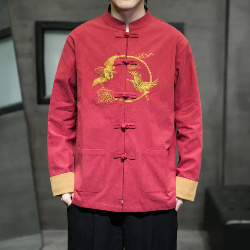 Buddha Stones Embroidery Cranes Pattern Frog-Button Men's Cotton Long Sleeve Jacket With Pockets