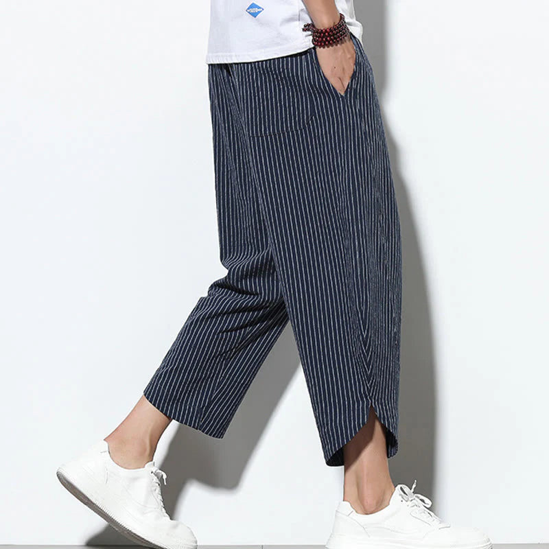 Buddha Stones Summer Stripes Pattern Drawstring Cotton Linen Men's 7-8 Length Harem Pants With Pockets