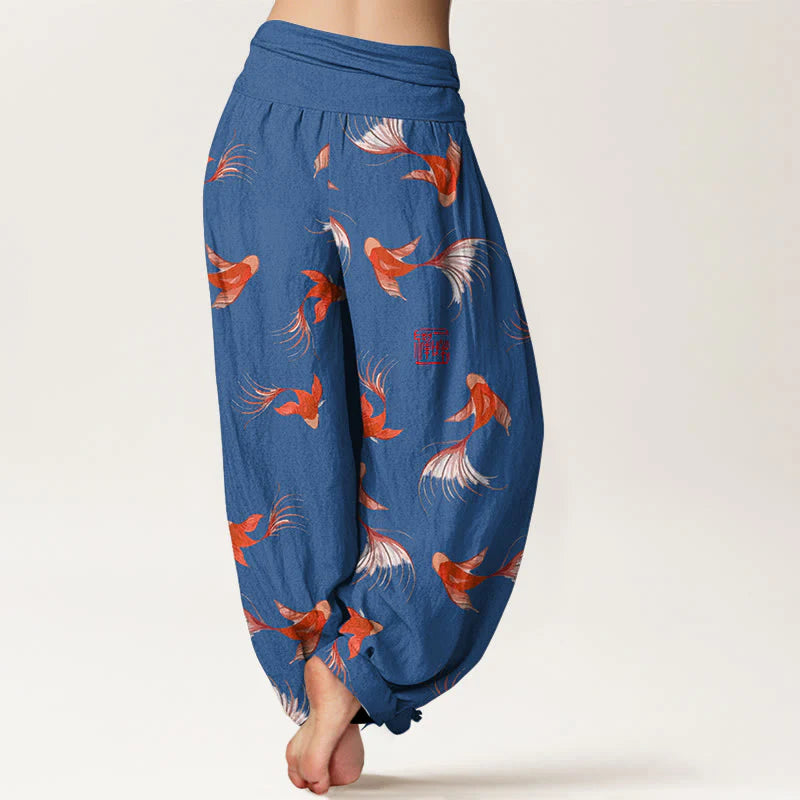 Buddha Stones Print Pure Cotton Koi Fish Pattern Women's Elastic Waist Harem Pants