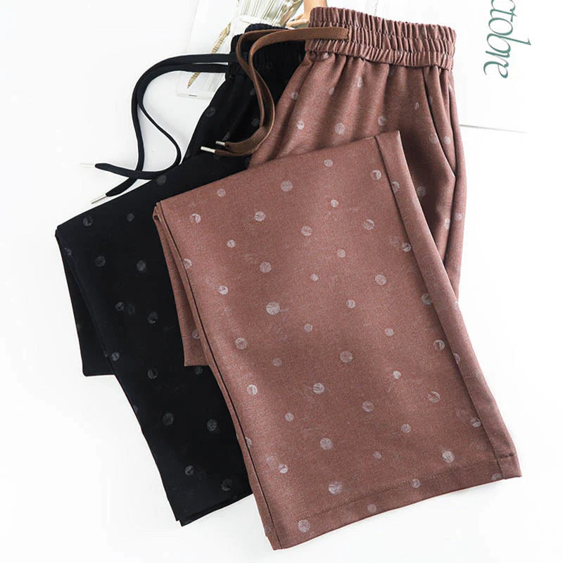 Buddha Stones Casual White Dots Pattern Polyester Women's Wide Leg Pants With Pockets