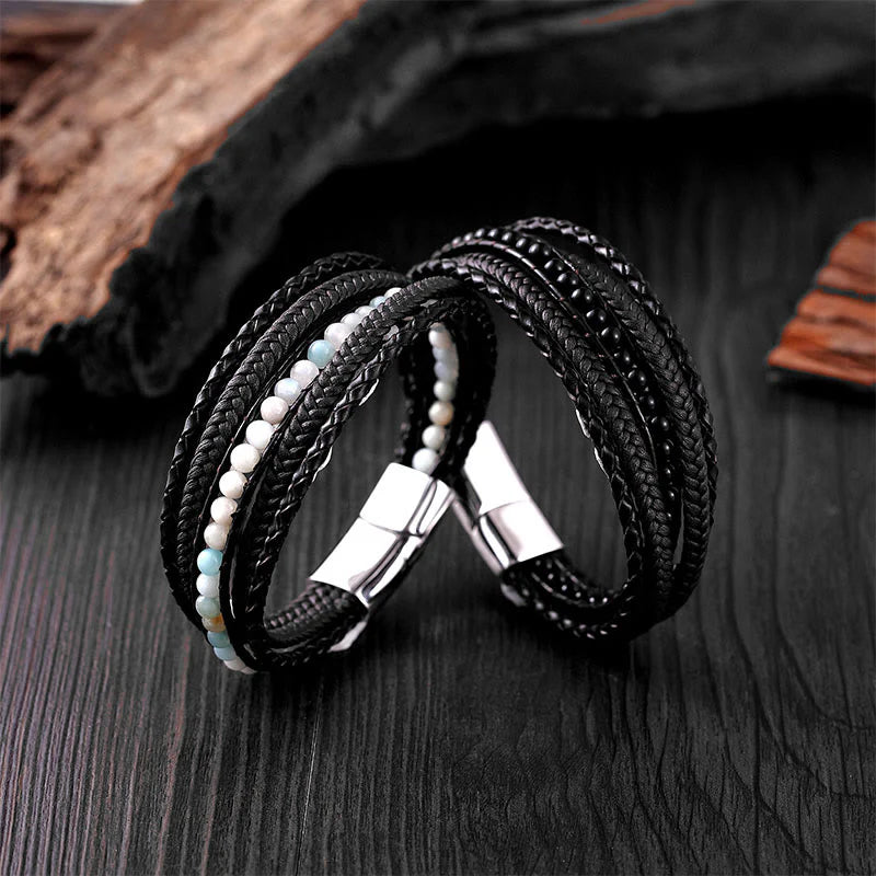 Buddha Stones Hematite Indian Agate Tiger Eye Amazonite Beaded Leather Strengthen Bracelet