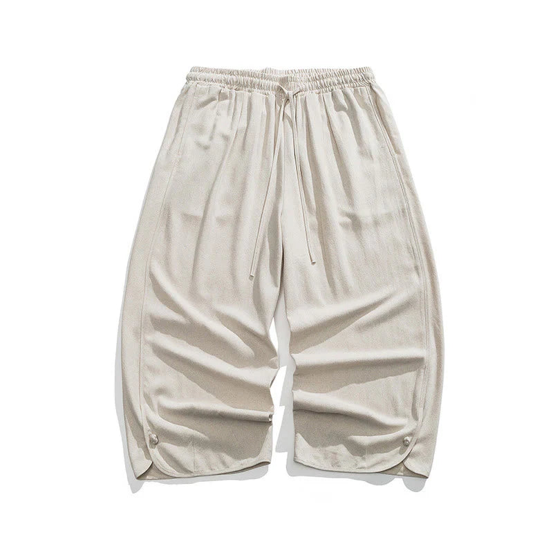 Buddha Stones Summer Plain Drawstring Design Linen Cotton Men's 7-8 Length Pants With Pockets