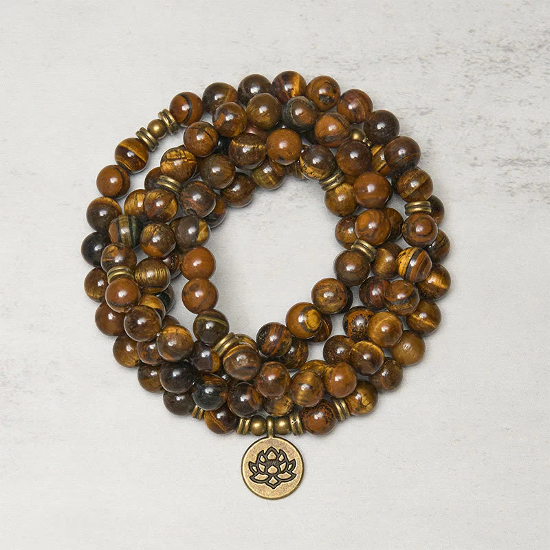 Buddha Stones Lotus Symbol Tiger Eye Beaded Strength Mala