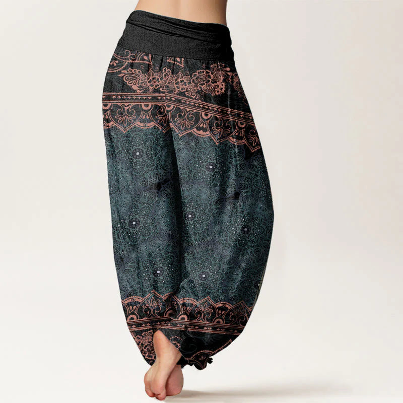 Buddha Stones Cotton Elegant Mandala Flowers Design Women's Elastic Waist Harem Pants