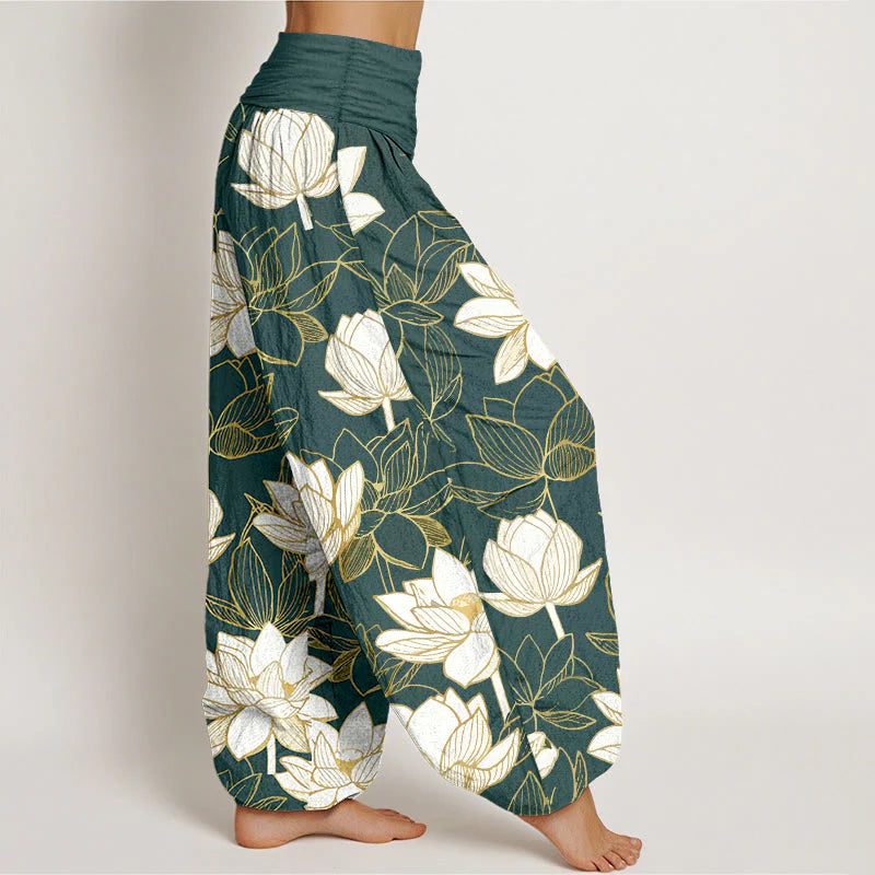 Buddha Stones Cotton Elegant Refined Lotus Flower Pattern Women's Elastic Waist Harem Pants