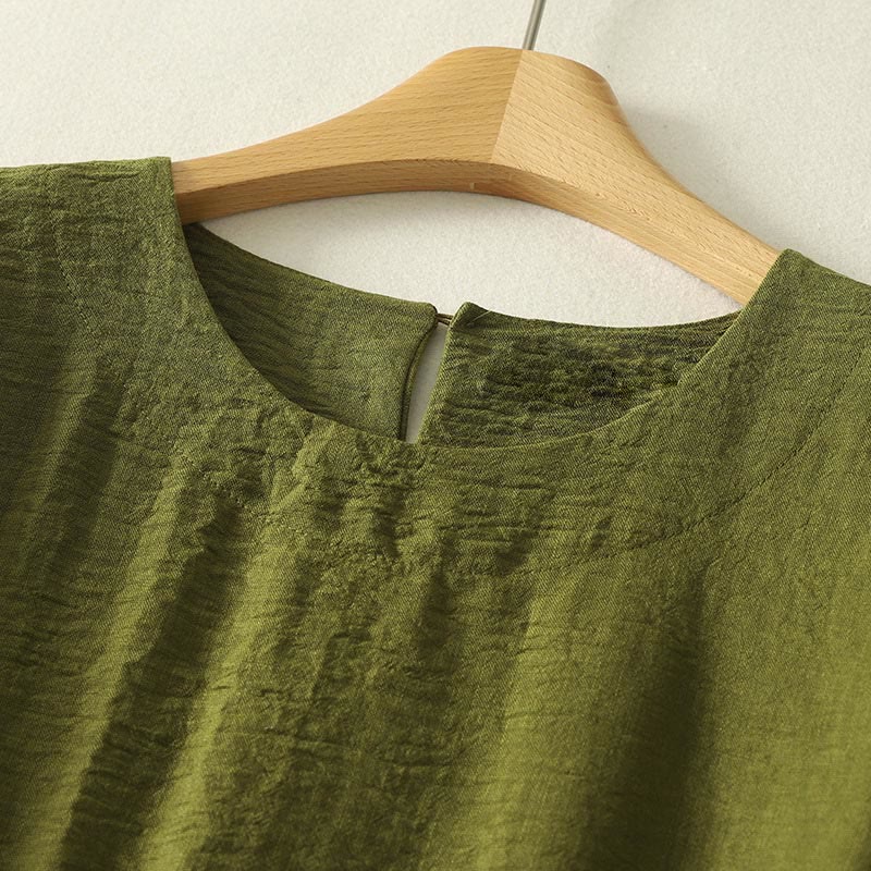 Buddha Stones Casual Olive Green Crew Neck Women's Cotton Linen Long Sleeve Shirt
