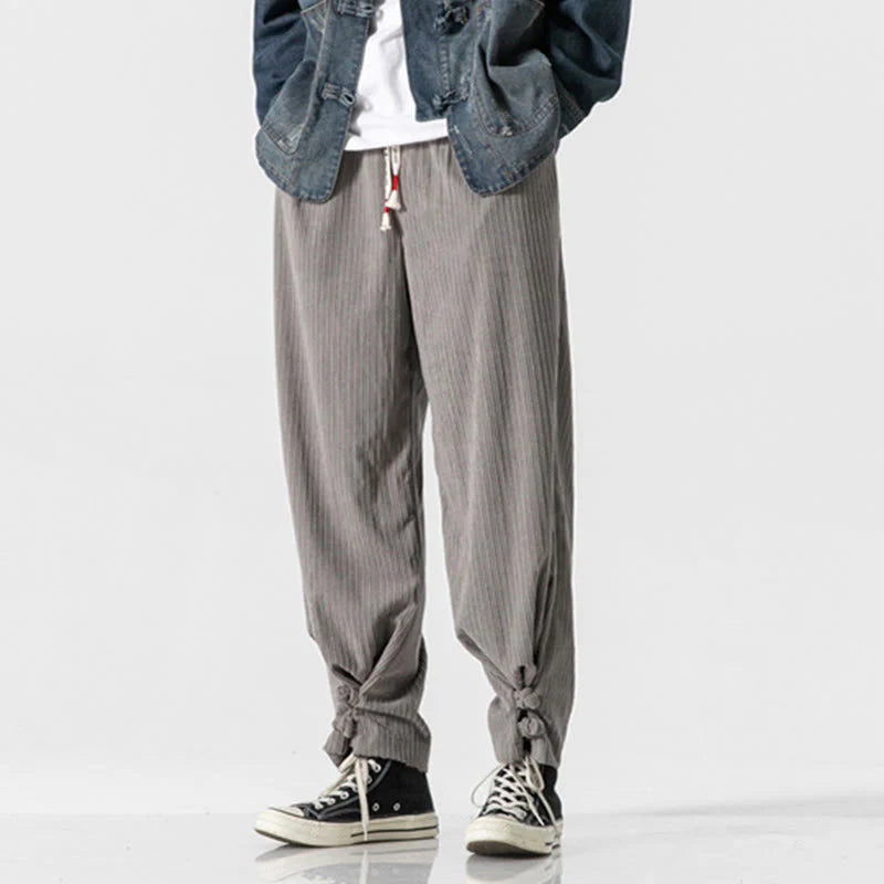 Buddha Stones Fall Winter Men's Pure Color Button Design Cotton Straight Leg Pants With Pockets