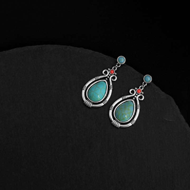 Buddha Stones Tibet Vintage Turquoise Waterdrop Strength Drop Dangle Earrings Clips