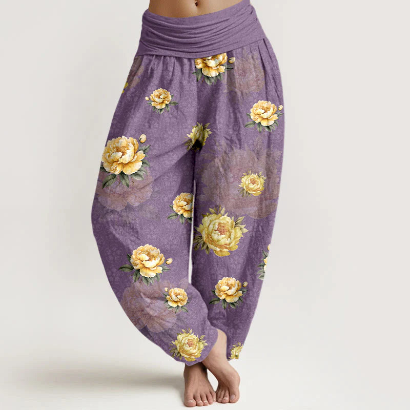 Buddha Stones Cotton Delicate Peony Pattern Women's Elastic Waist Harem Pants