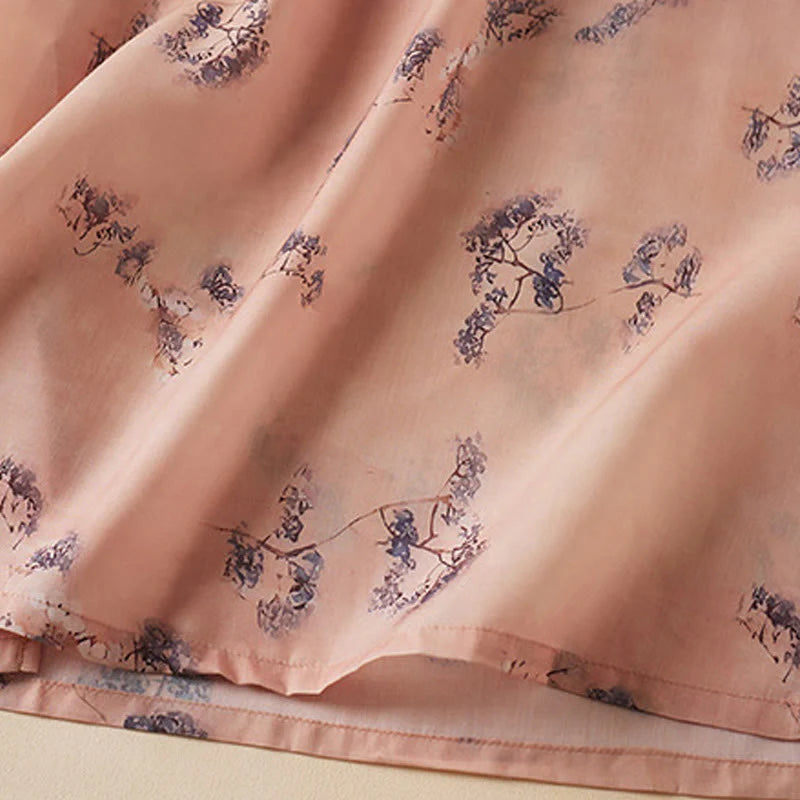 Buddha Stones Summer Vintage Printing Floral Slanted Button Stand Collar Design Half Sleeve Cotton Cheongsam Midi Dress With Pockets