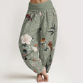 Buddha Stones Pure Cotton Warbler Bird Blooming Flower Branches Mandala Pattern Women's Elastic Waist Harem Pants