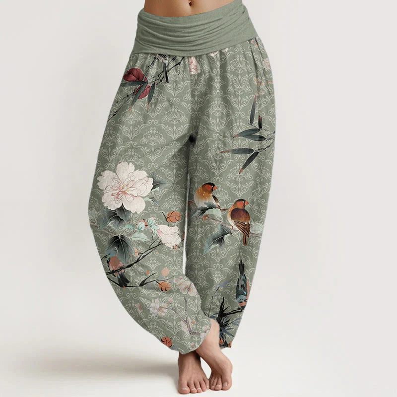 Buddha Stones Pure Cotton Warbler Bird Blooming Flower Branches Mandala Pattern Women's Elastic Waist Harem Pants