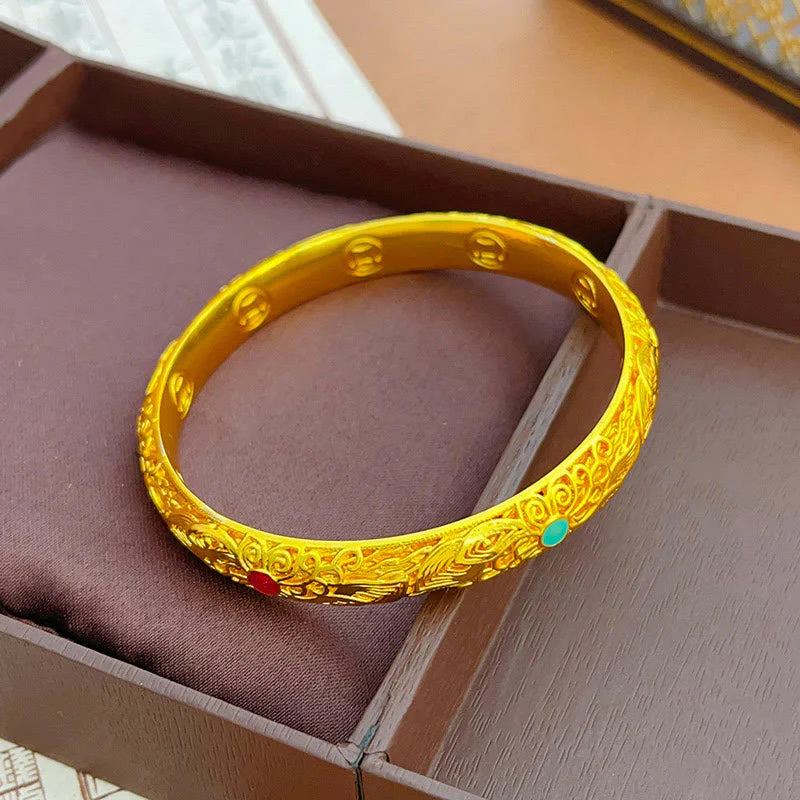 Buddha Stones Copper Plated Gold Flowers Leaves Luck Bracelet Bangle