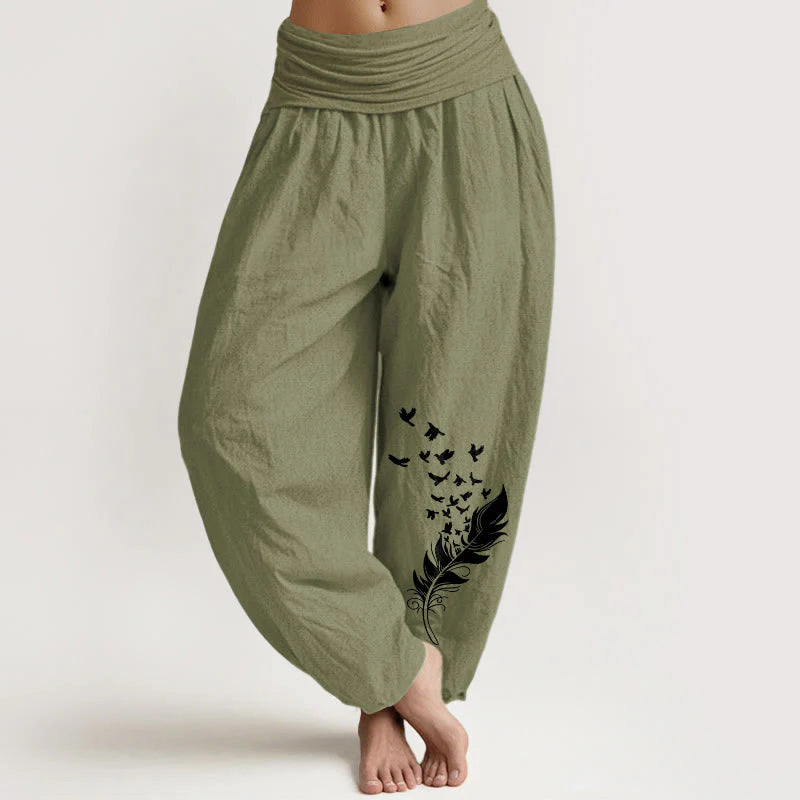 Buddha Stones Pure Cotton Vivid Bird Feather Pattern Women's Elastic Waist Harem Pants