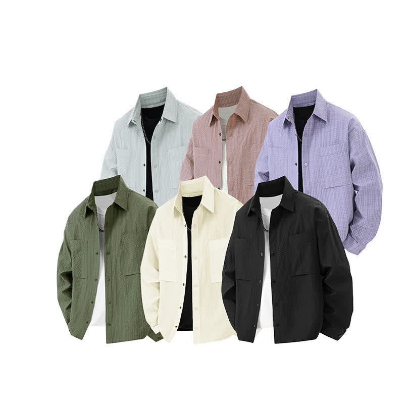Buddha Stones Spring Solid Color Textured Long Sleeve Button Men's Lapel Shirts With Pocket
