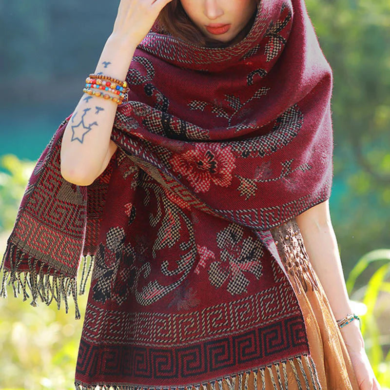 Buddha Stones Jacquard Ethnic Paisley Plants Pattern Tassel Soft Thermal Scarf Shawl