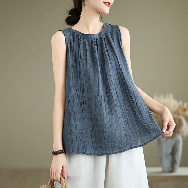 Buddha Stones Summer Wrinkles Simple Design Crew Neck Cotton Linen Women's Sleeveless Vest Waistcoat