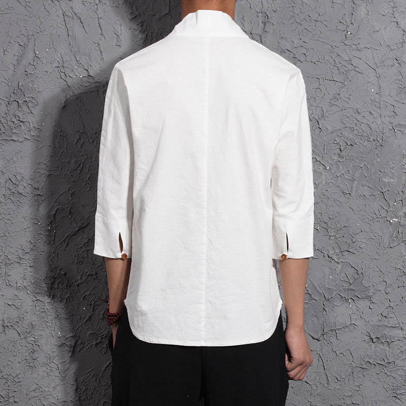 Buddha Stones Casual V-Neck Three Quarter Sleeve Shirt Men Clothing