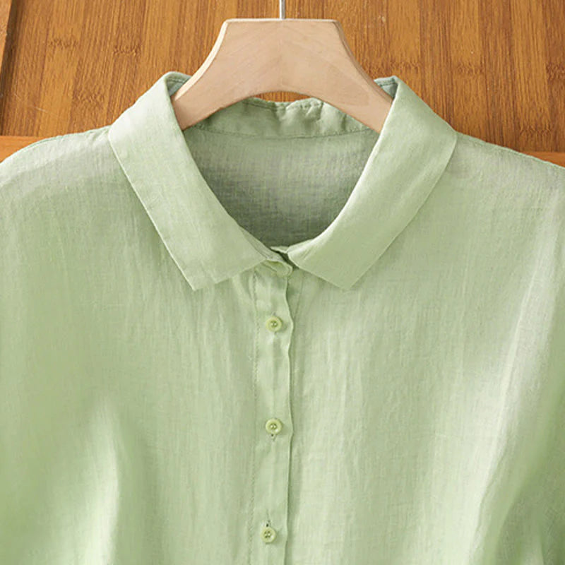 Buddha Stones Summer Plain Color Button Short Sleeve Women's Cotton Shirt