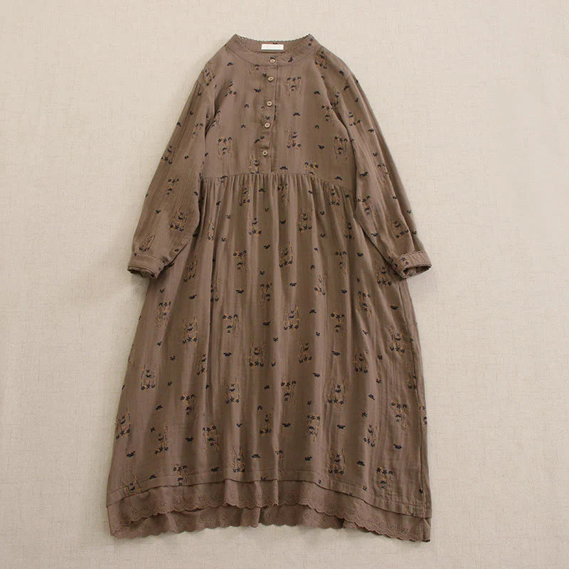 Buddha Stones Spring Small Floral Print Buttons Design Crew Neck Long Sleeve Midi Dress With Pockets