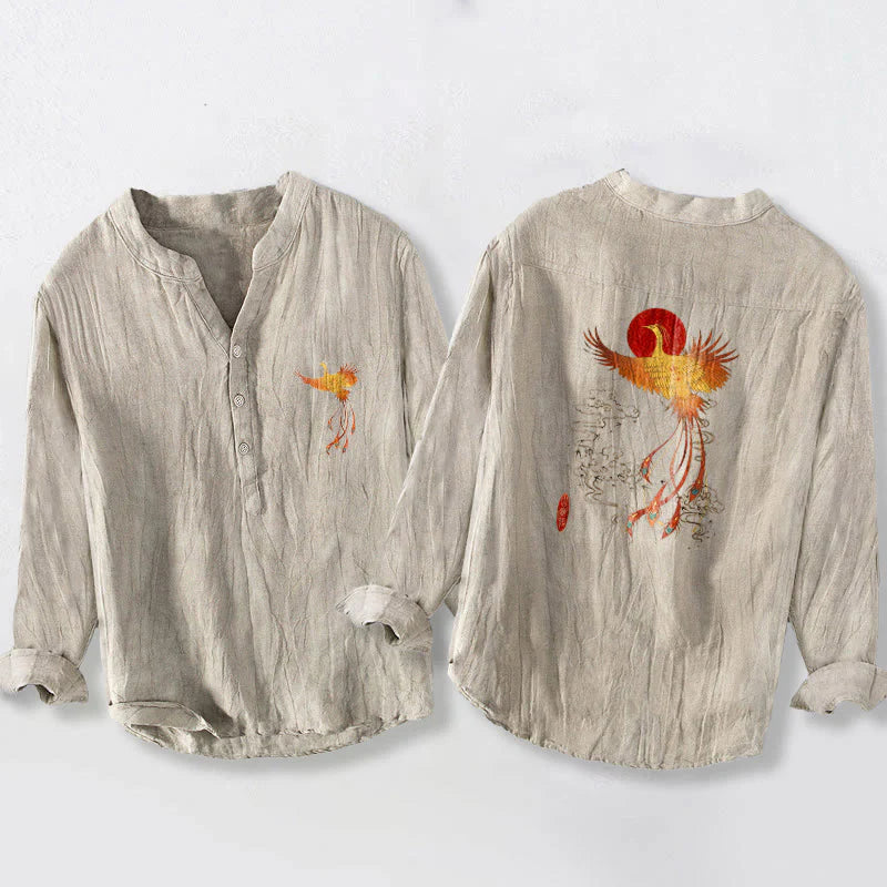 Buddha Stones Phoenix Clouds Red Sun Pattern Half Buttons Men's Cotton Linen Long Sleeve Shirt