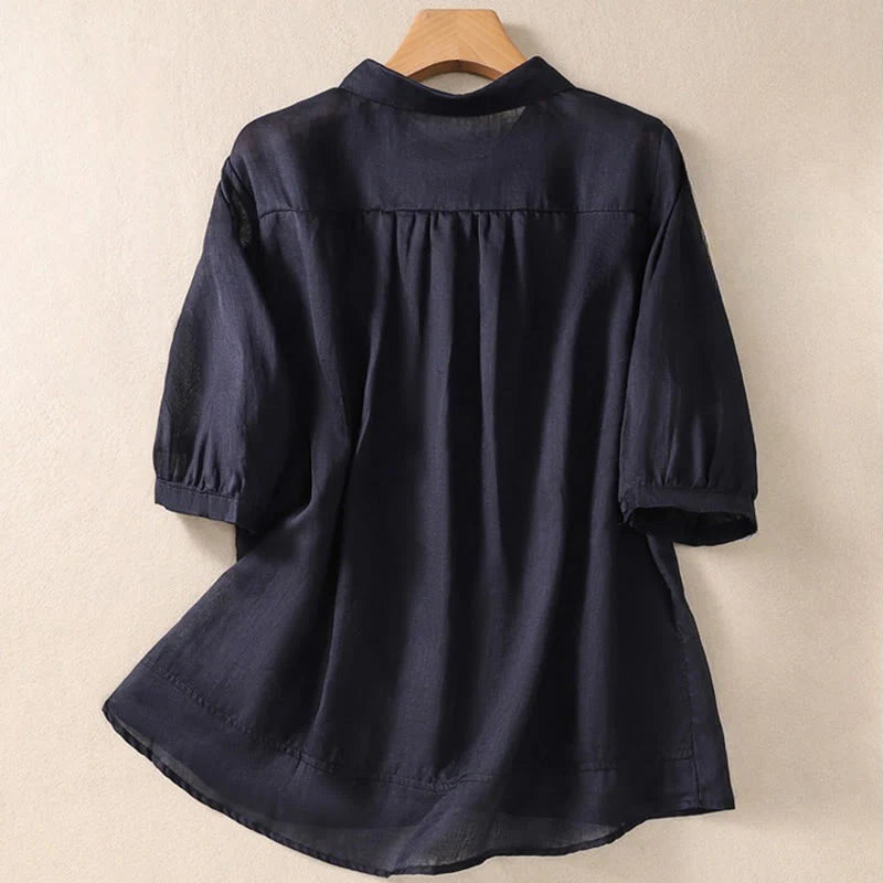 Buddha Stones Summer Plain Button Embroidery Flower Pattern Three Quarter Sleeve Lapel Cotton Linen Women's Shirt