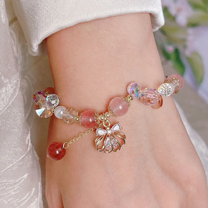 Buddha Stones Natural Strawberry Quartz Pearl Shell Positive Bracelet