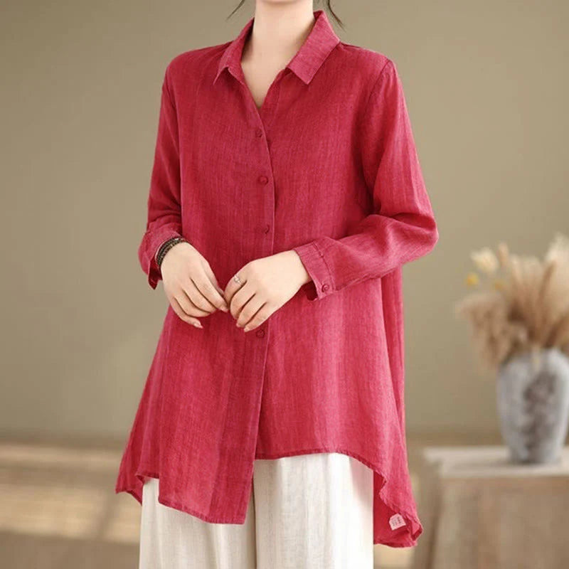 Buddha Stones Irregular Design Buttons Long Sleeve Women's Cotton Shirt