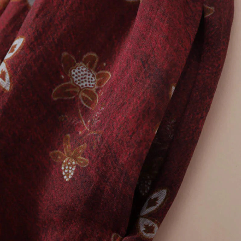 Buddha Stones Summer Printing Floral Button Lace-Up Design Half Sleeve Midi Dress With Pockets