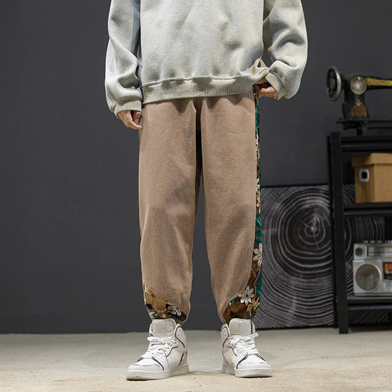 Buddha Stones Spring Men's Embroidered Flower Pattern Patchwork Cotton Pants With Pockets