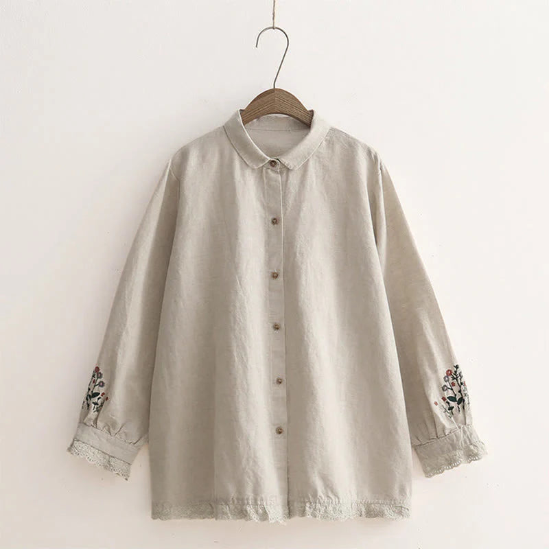 Buddha Stones Fall Beige Floral Grass Embroidery Buttons Women's Cotton Long Sleeve Shirt