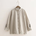 Buddha Stones Fall Beige Floral Grass Embroidery Buttons Women's Cotton Long Sleeve Shirt