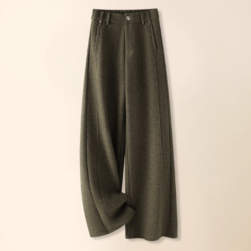 Buddha Stones Plain Button Cotton Thick Wool Women's Wide Leg Pants With Pockets