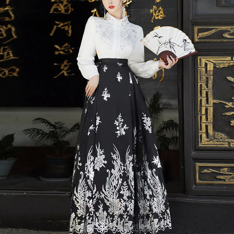 Buddha Stones Flowers Leaves Feathers Long Sleeve Shirt Top Chinese Hanfu Ming Dynasty Horse Face Skirt Mamianqun Skirt (Extra 30% Off | USE CODE: FS30)