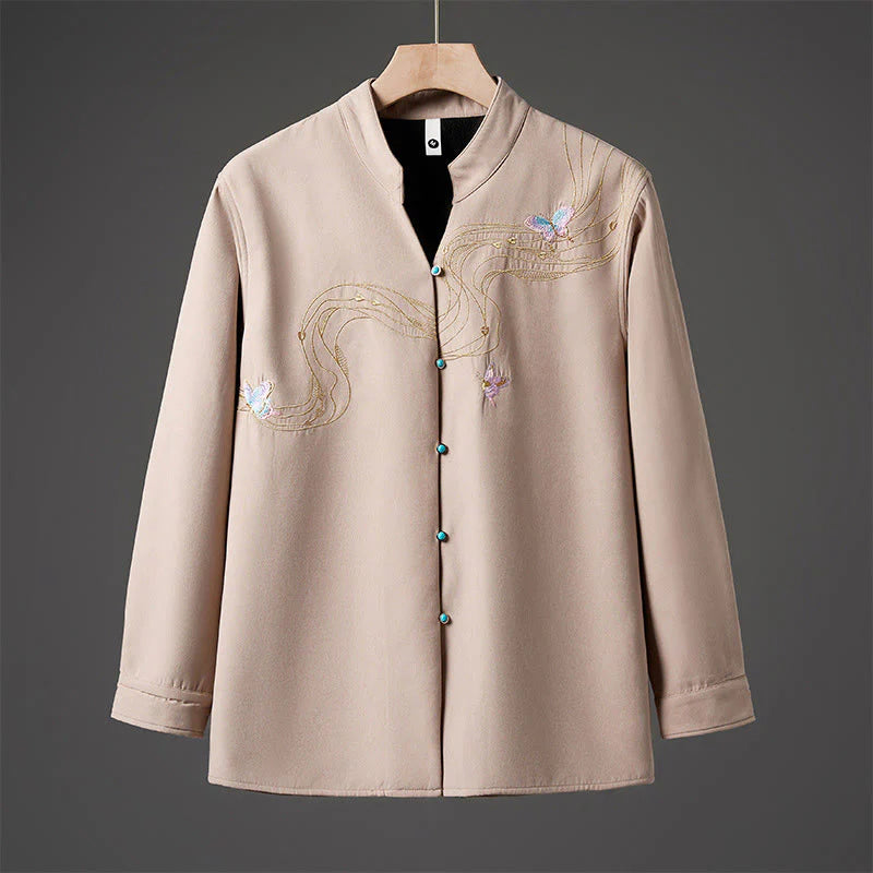 Buddha Stones Winter Embroidered Butterfly Ribbon Fleece-Lined Men's Cotton Long Sleeve Jacket