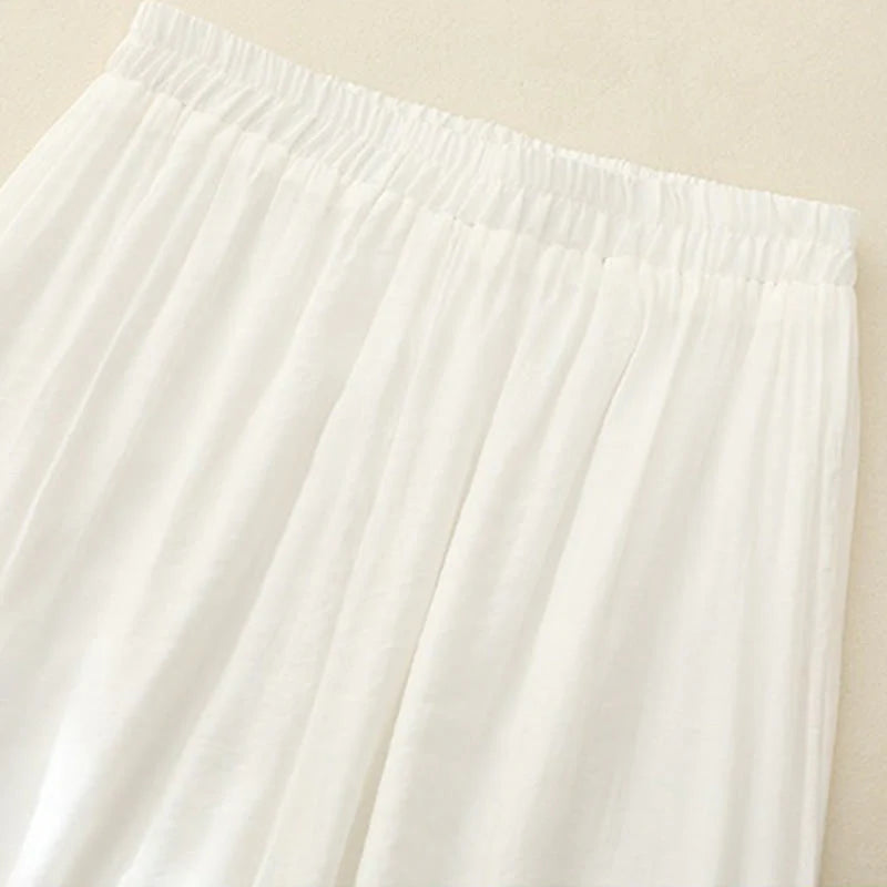 Buddha Stones Artistic Embroidery Flower Double Layer Chinese Frog Button Split Cotton Linen Women's Wide Leg Pants