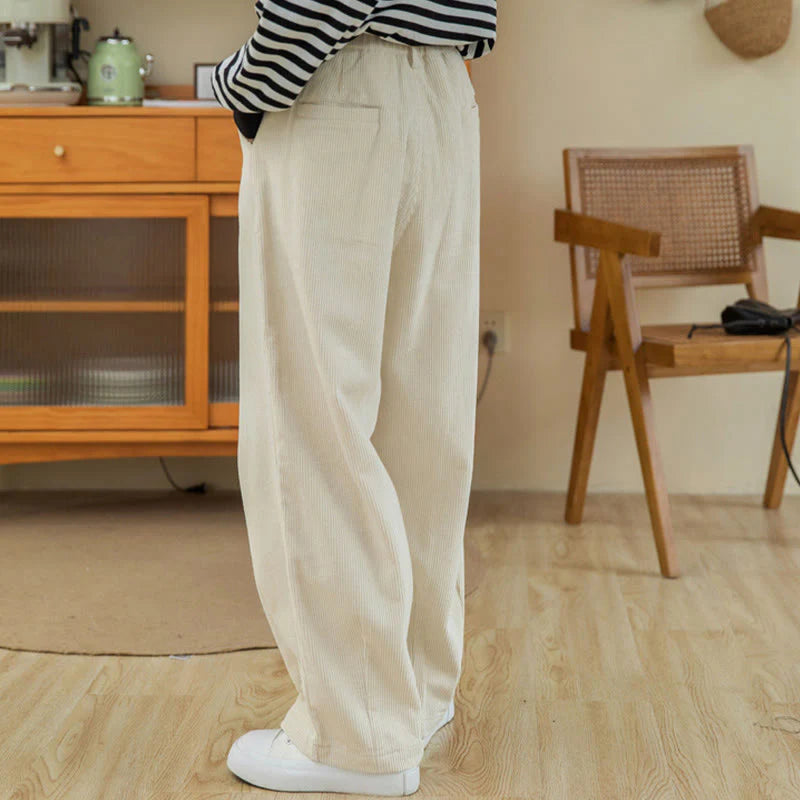 Buddha Stones Women's High Waist Zipper Design Wide Leg Cotton Corduroy Pants With Pockets