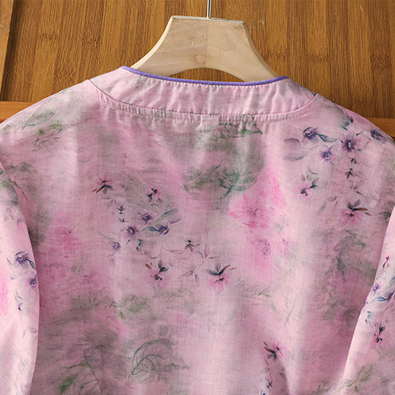Buddha Stones Printing Floral Plain Chinese Frog-Button Women's Cotton Three Quarter Sleeve Shirt