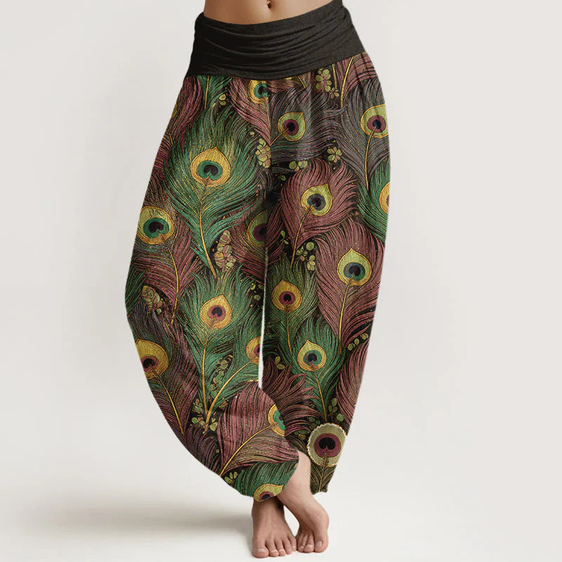 Buddha Stones Peacock Feathers Pattern Pure Cotton Women's Elastic Waist Harem Pants